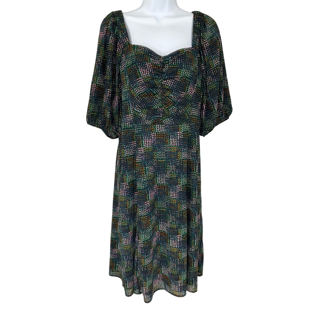 Cabi Mesh Midi Dress Abstract Dot Print Puff Sleeve Green Pink Black Size M